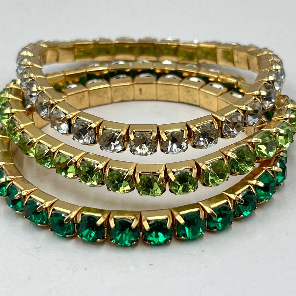 Vintage Gold Tone Green Clear Crystal Stackable Stretch Bangle Bracelet Set‎ 3pc